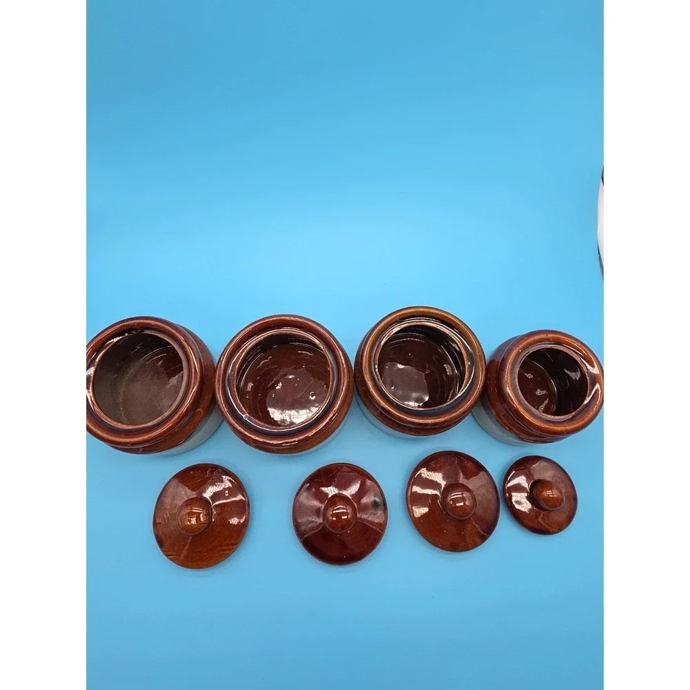 4 Brown & Tan Stoneware Crocks 3 Tone Jars with Lids 2.75